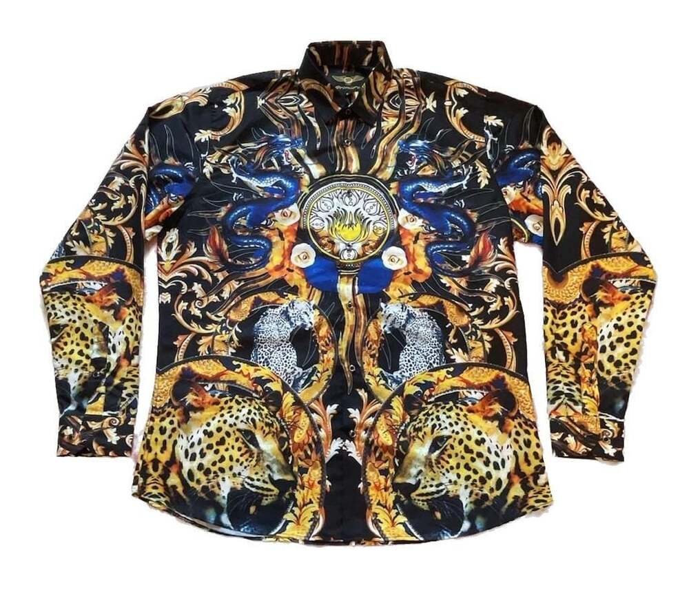Premiere Men's Luxury Animal Print Baroque Pattern Long Sleeve Button-Down Shirt